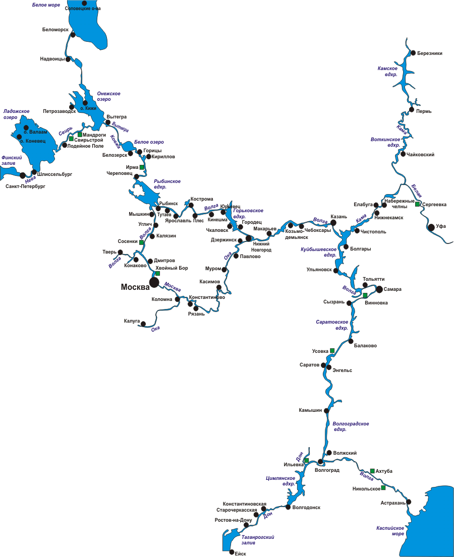 Карта внутренних водных путей России. Европейская часть